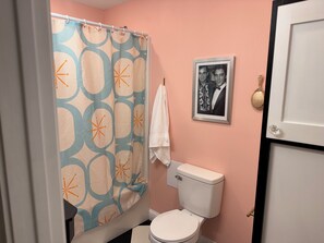 A bathroom with a patterned shower curtain, a toilet, a framed photograph on the wall, and a towel hanging on the wall. - No Fees! 1 BR Retro Retreat for 2! Quiet, Cozy town- 15mins from Joplin,Carthage (Alba)