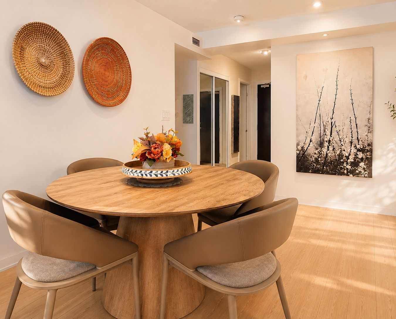 A dining area with a round wooden table, six chairs, a vase with flowers, two woven wall decorations, and a large framed picture on the wall.