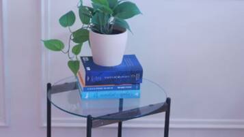 A glass table with a potted plant and stacked books.