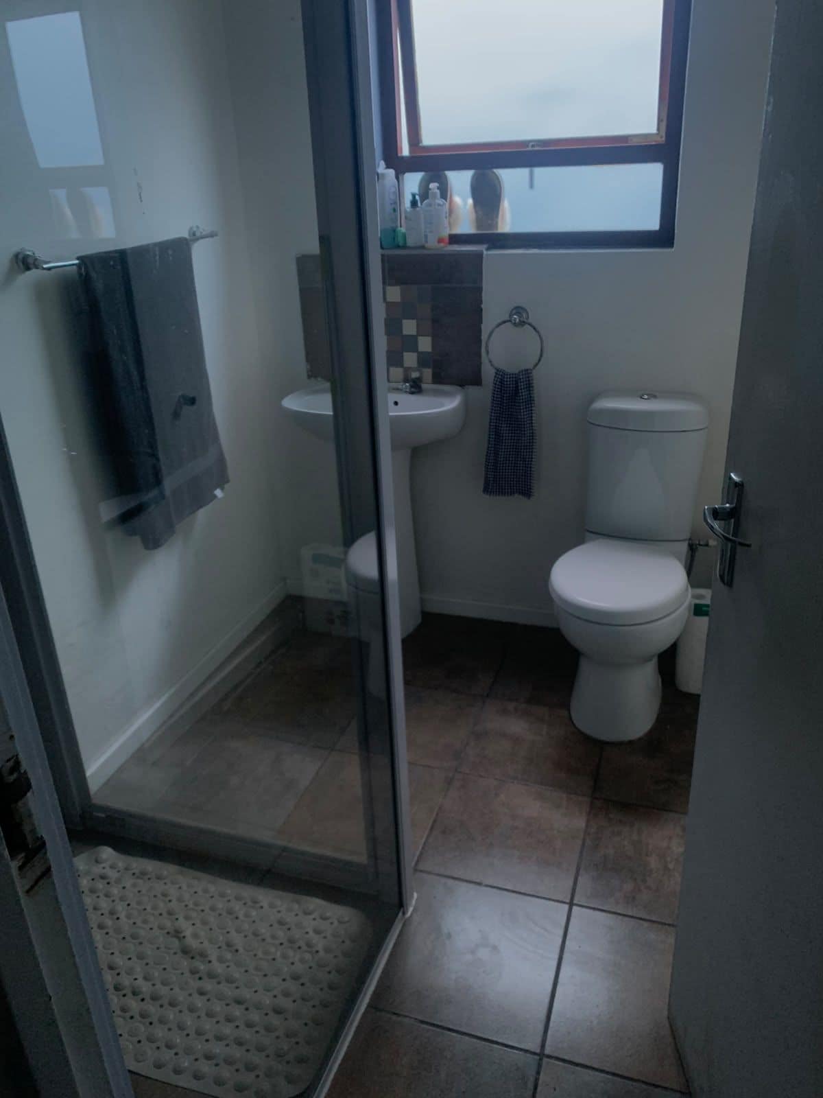 Een badkamer met een douchecabine van glas, een wastafel, een toilet en een raam boven het toilet.