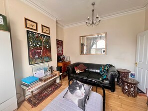 Ein Wohnzimmer mit einer schwarzen Ledersofa, einem gemusterten Teppich, einem Schachbrett und einem Kissen in Katzenform.