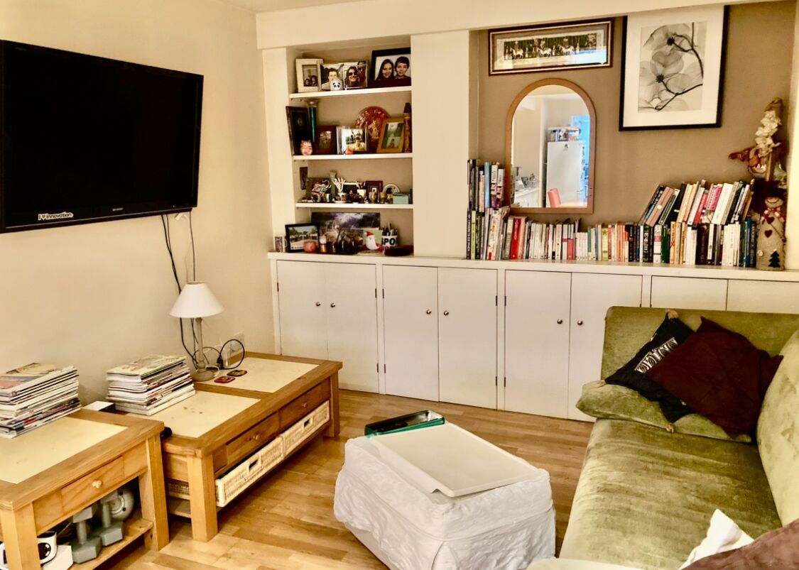 A living room with a television, a bookshelf, a mirror, and a green couch.