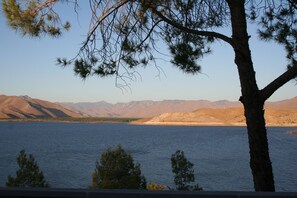 Un lac, avec des montagnes en arrière-plan et un arbre au premier plan.