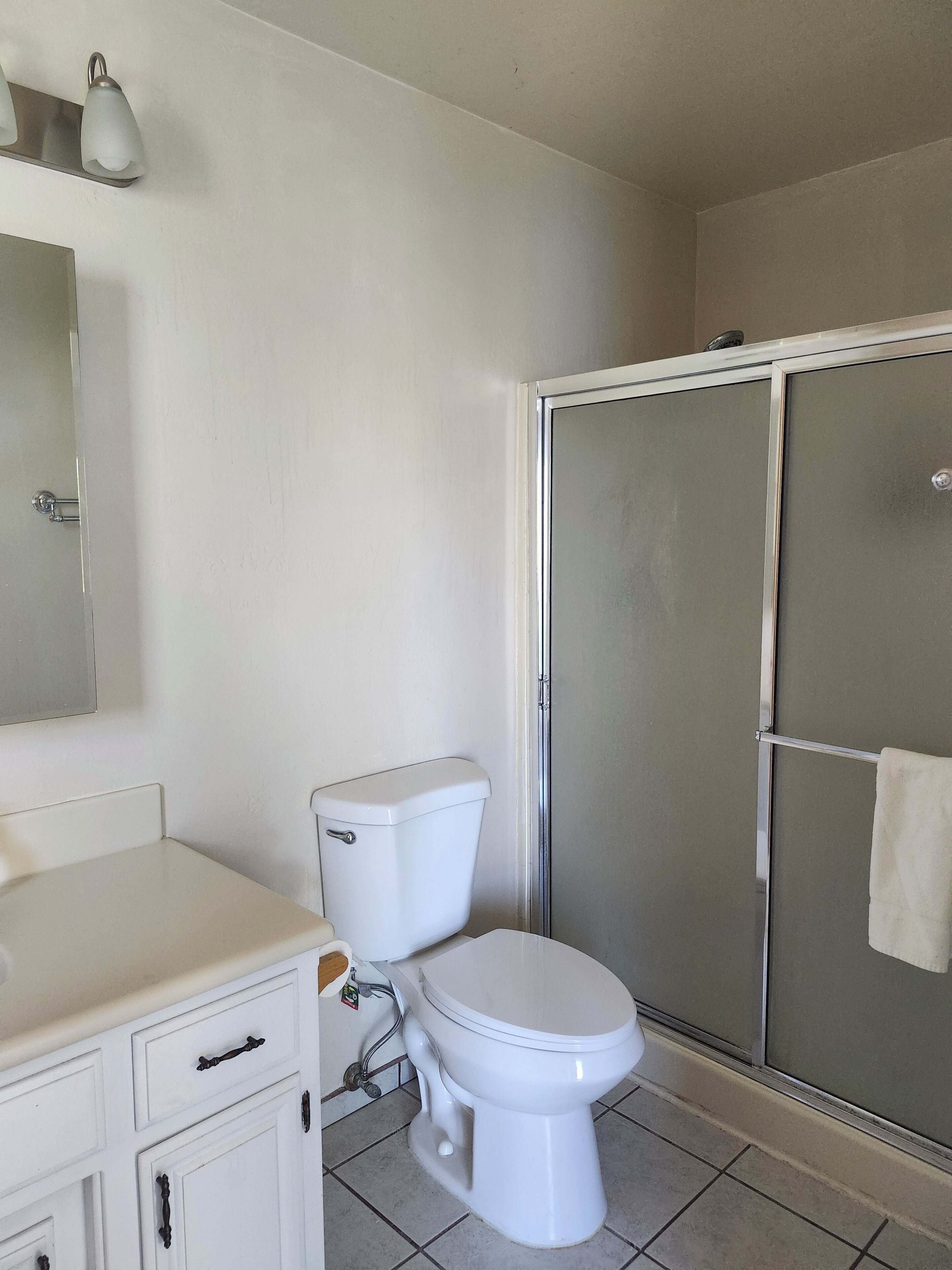 A bathroom with a toilet, a shower enclosure, and a sink.