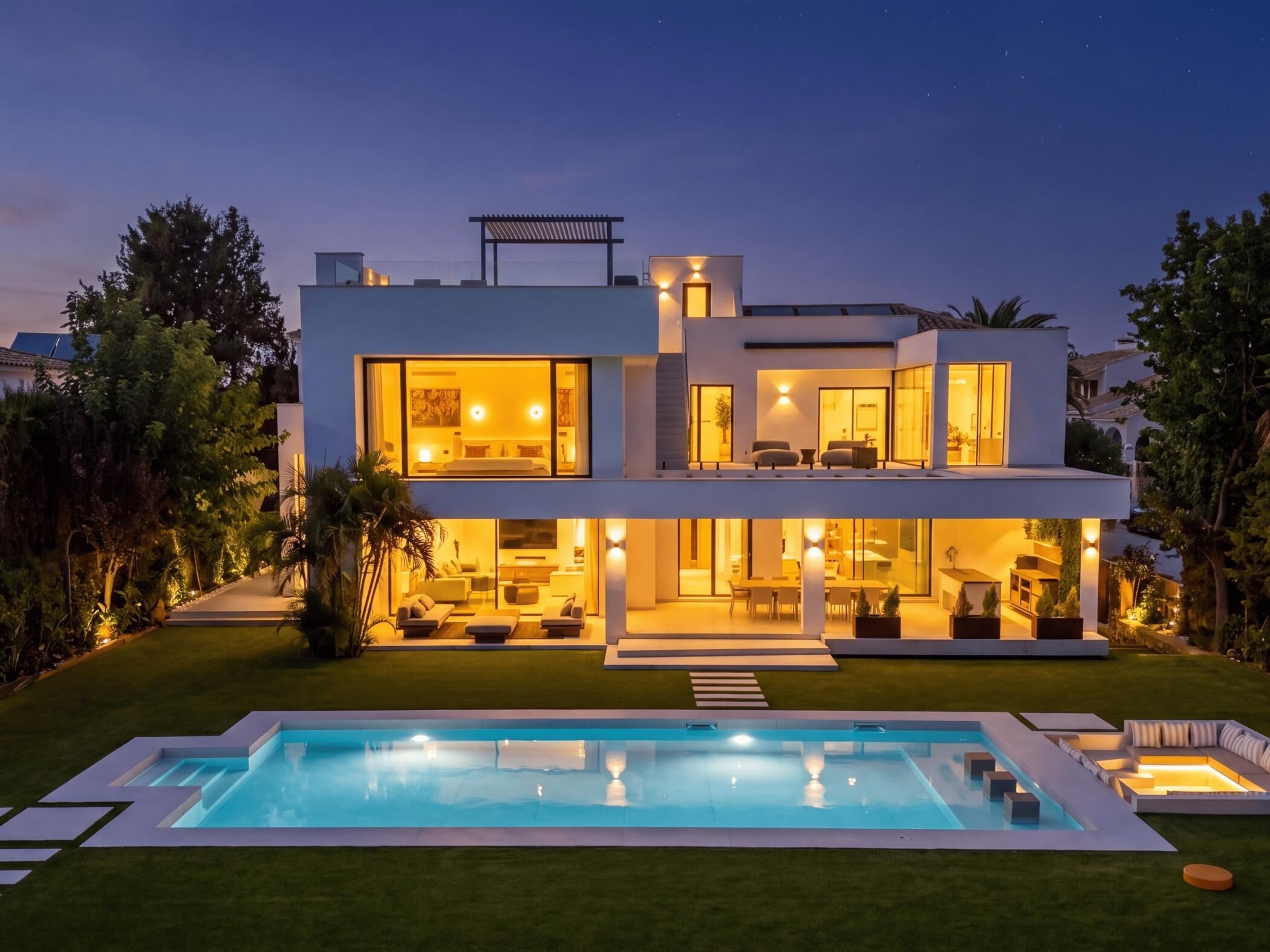 A modern two-story house with a swimming pool in the foreground.