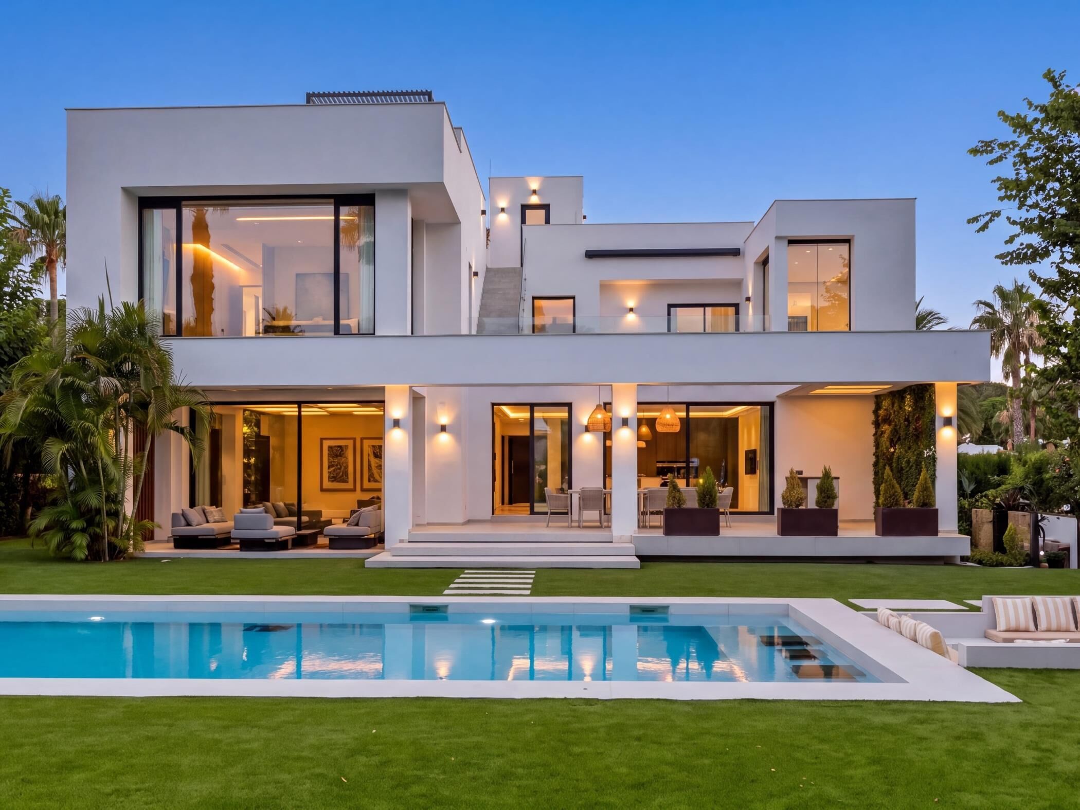 A modern two-story house with a swimming pool, outdoor seating, and a well-maintained lawn.