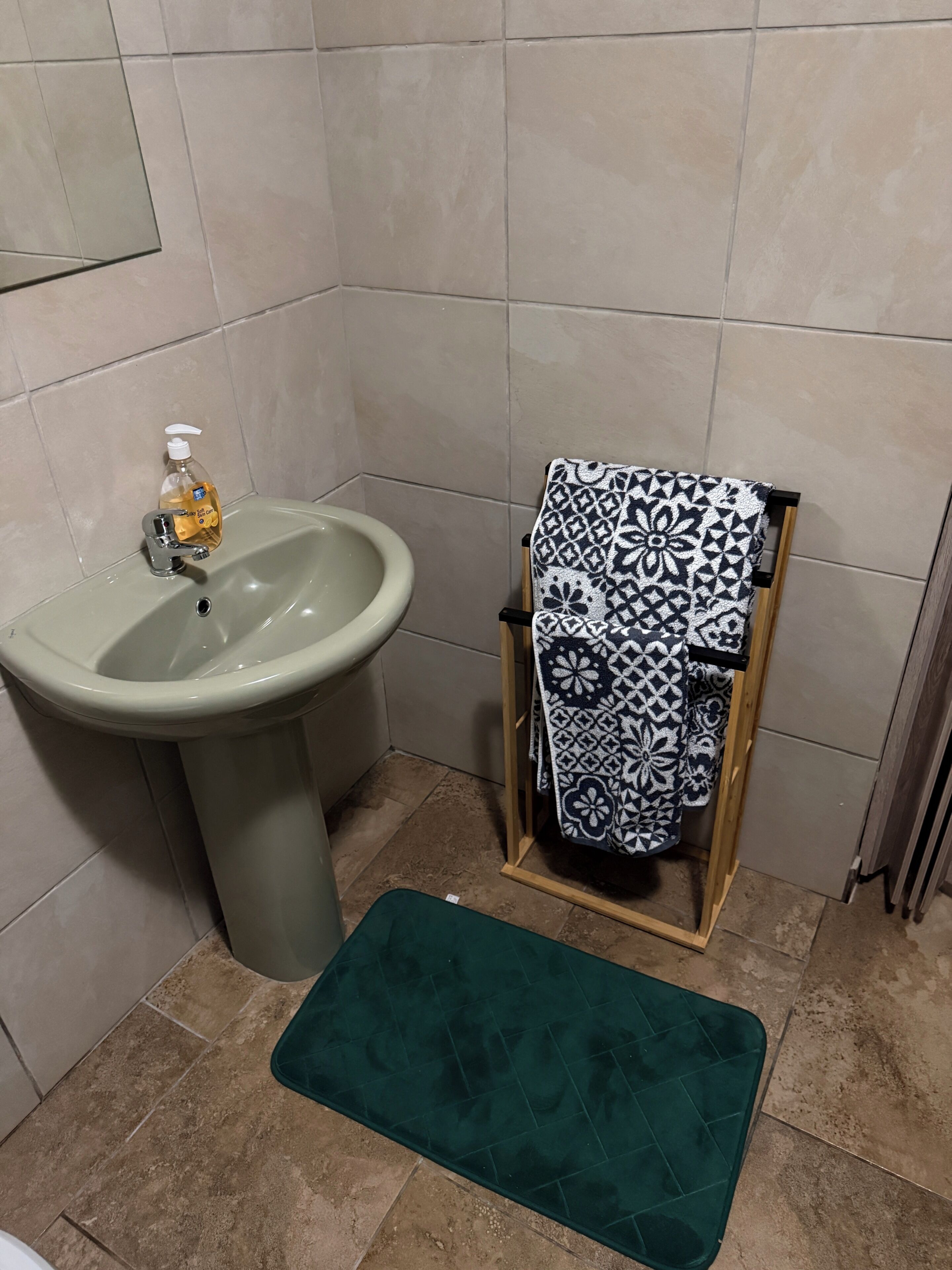 Un baño con un lavabo, un perchero con una toalla estampada y un tapete verde en el suelo.