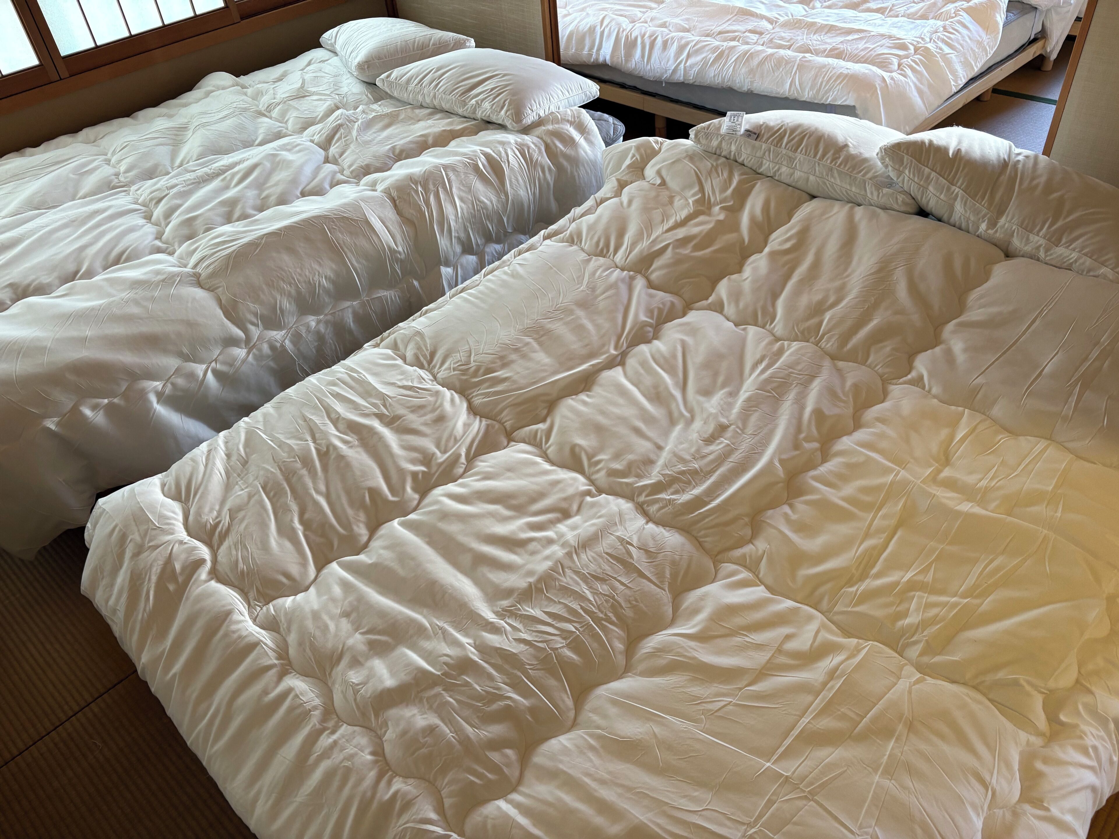 Quarto com duas camas, cada uma com roupa de cama e almofadas brancas.