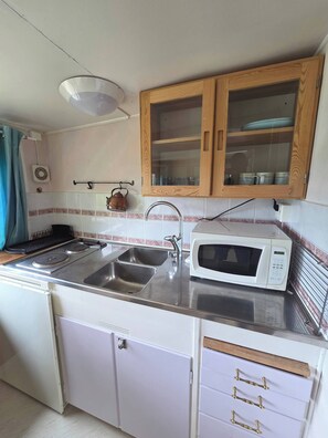 Eine kleine Küche mit Spüle, Herd, Mikrowelle und Holzschränken.