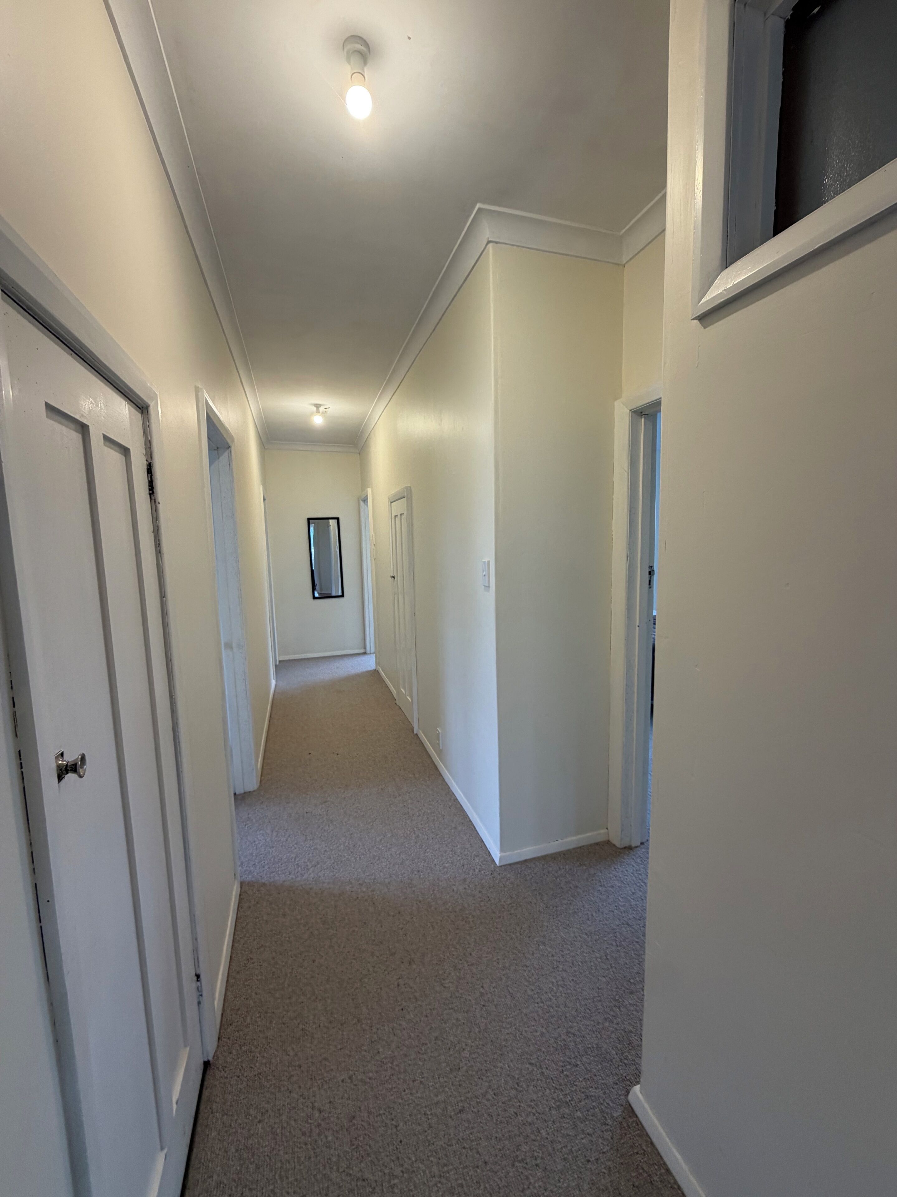 A hallway with white walls, carpeted floor, and white doors.
