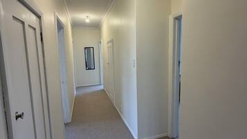 A hallway with white walls, carpeted floor, and white doors.