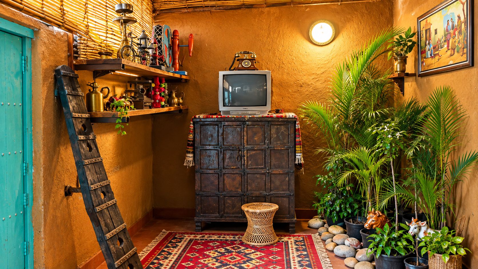 Una stanza rustica con un armadio in legno, una televisione e diversi oggetti decorativi.