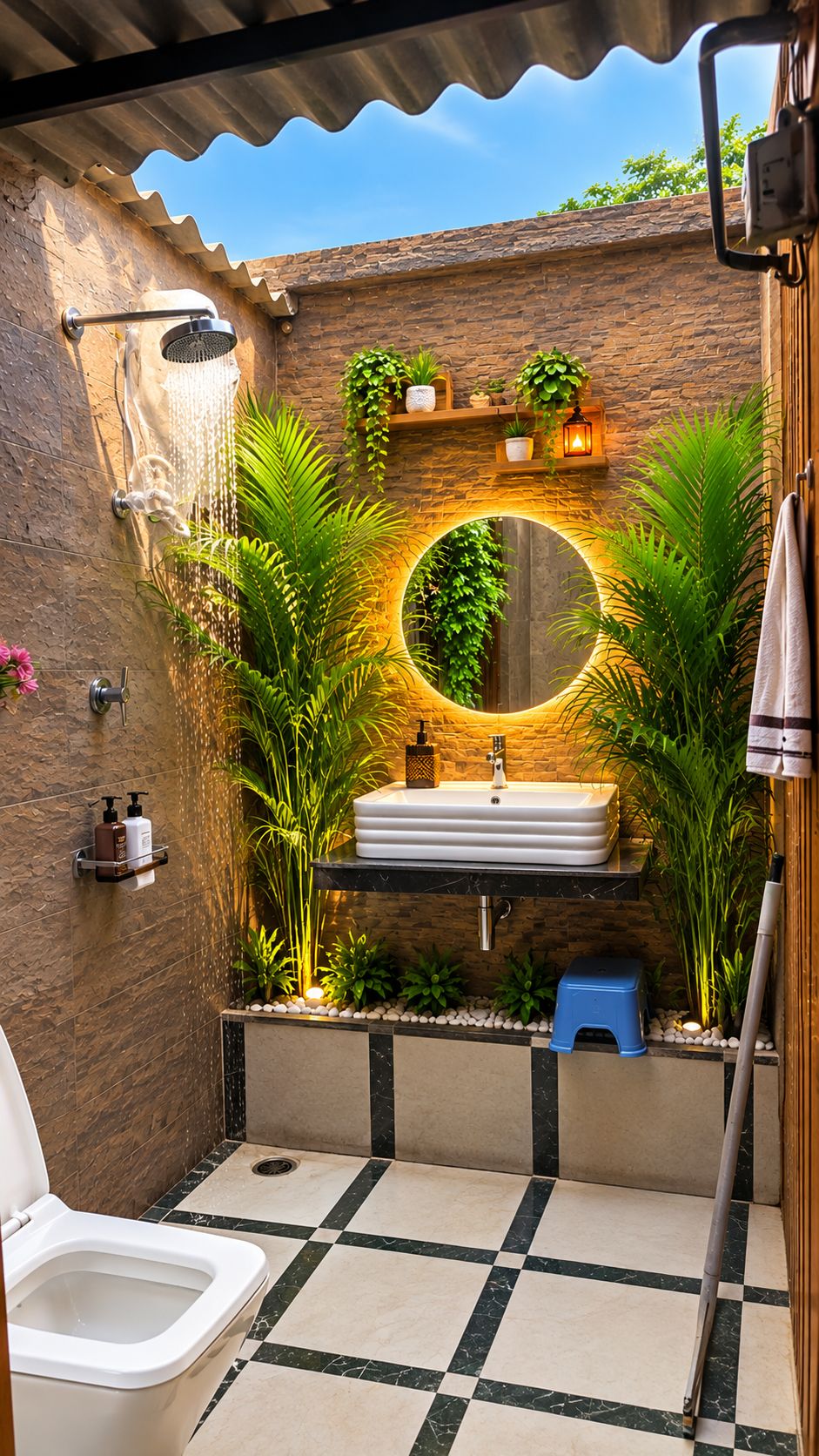 A bathroom with a shower, sink, and toilet.