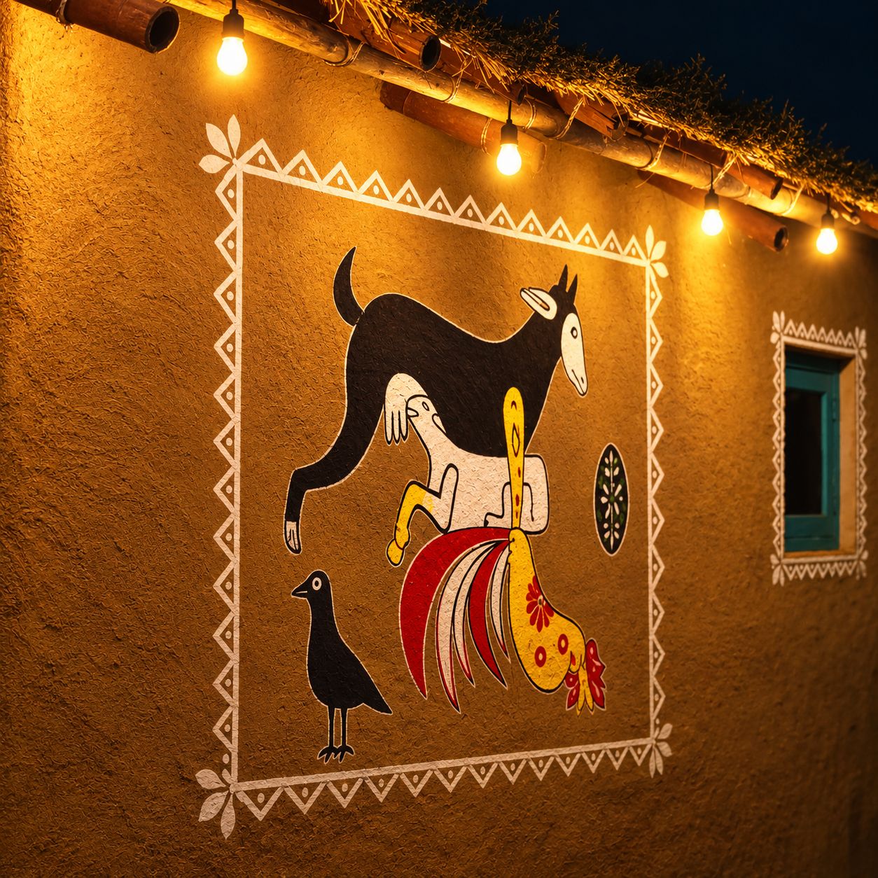 Una pared con un mural pintado que muestra un caballo, un perro y un pájaro.