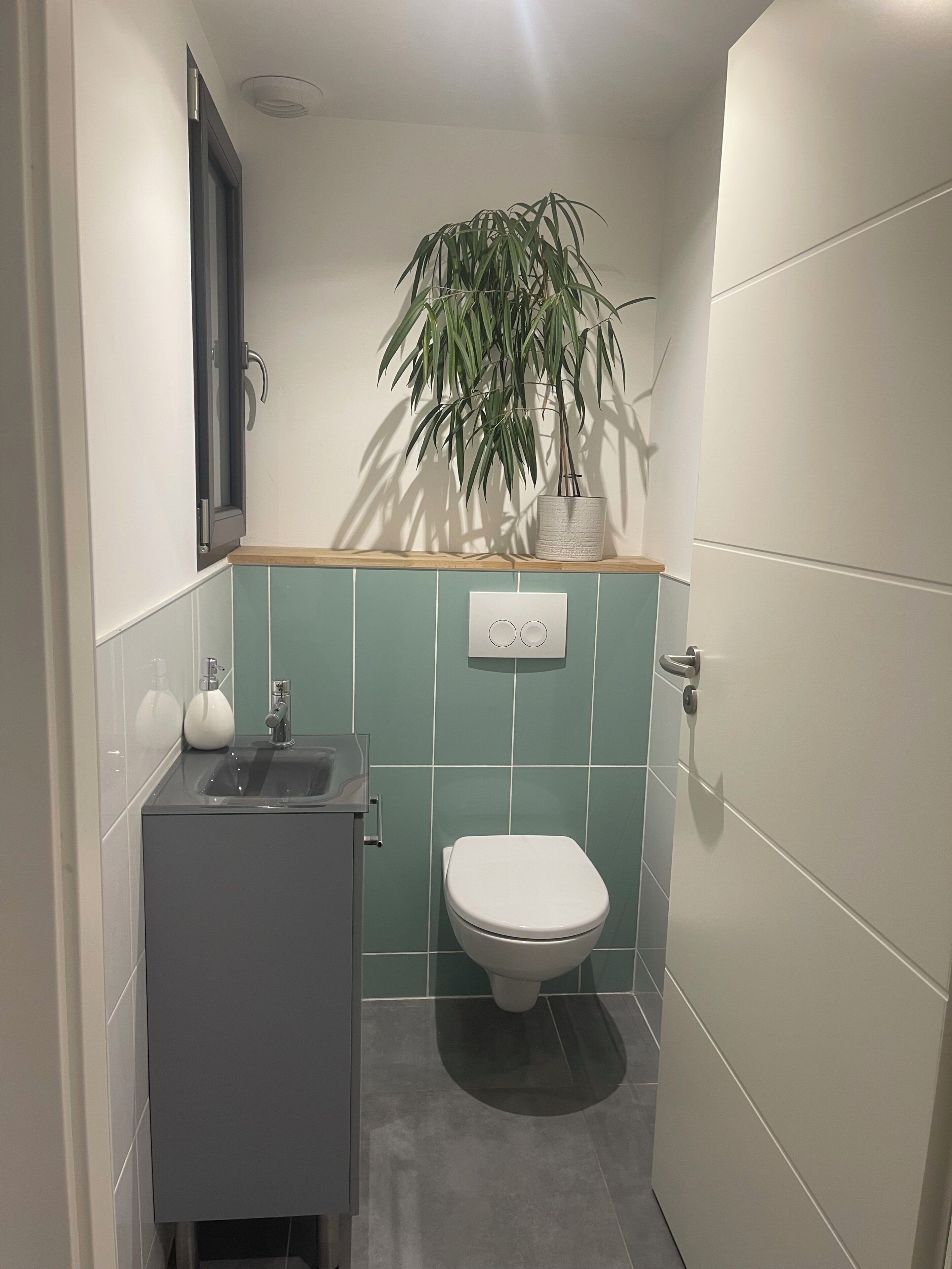 Un baño pequeño con lavamanos, inodoro y una planta en maceta.