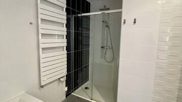 Hair dryer, towels, soap, toilet paper