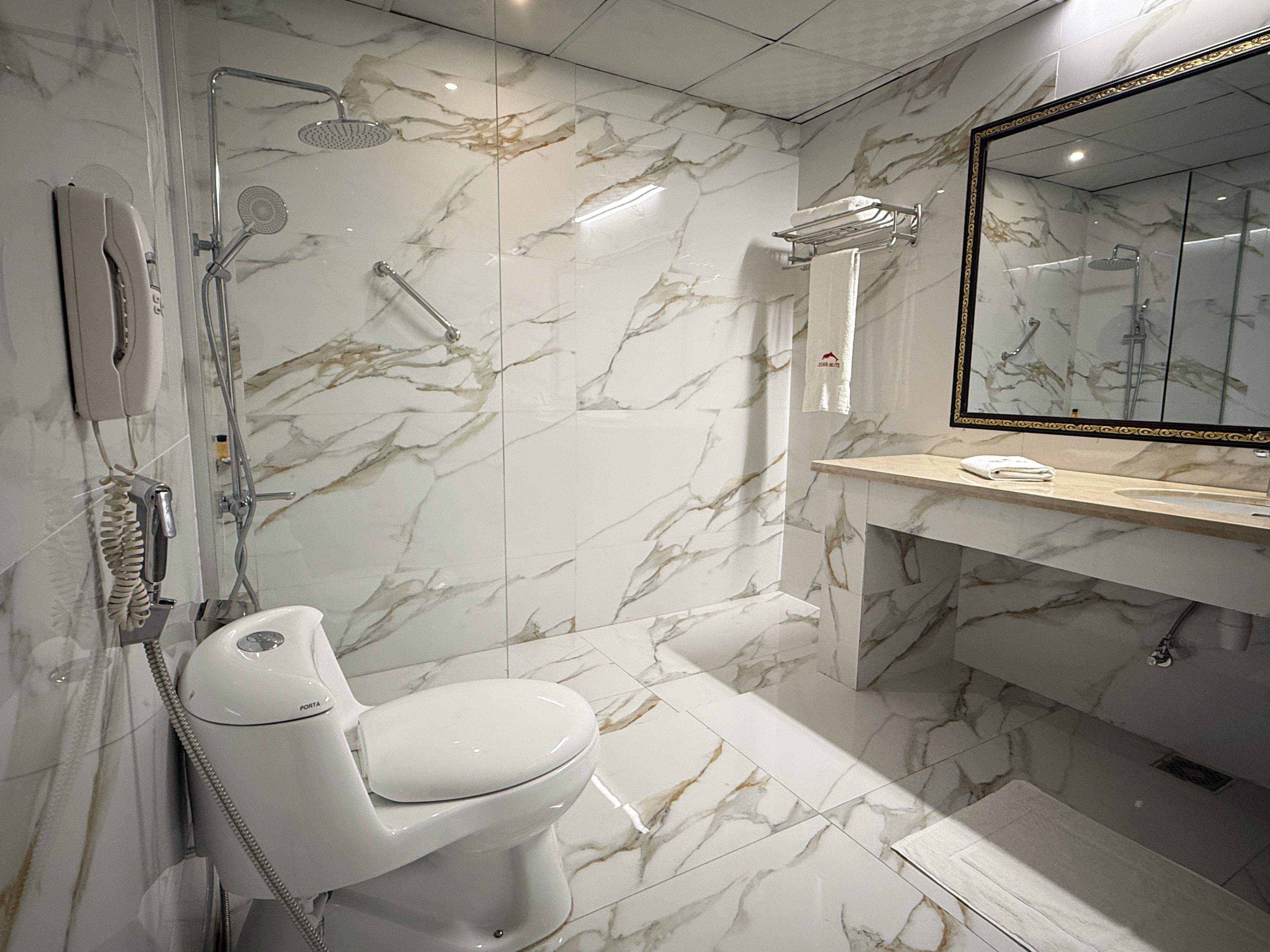 A bathroom with a toilet, a shower with a handheld showerhead, a towel rack, and a mirror with a decorative frame.