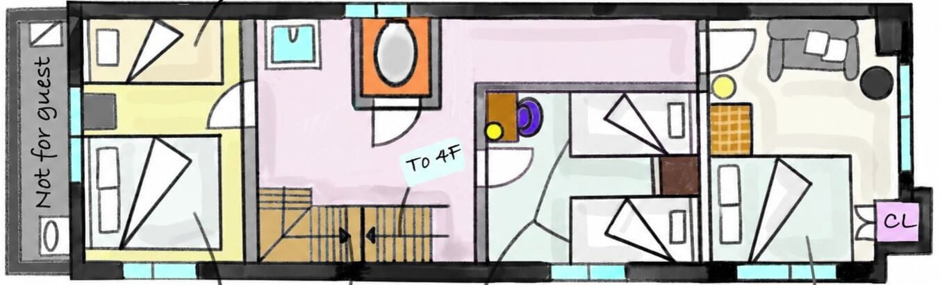 A hotel floor plan with labeled rooms, a guest service area, and a lobby.