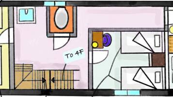 A hotel floor plan with labeled rooms, a guest service area, and a lobby.