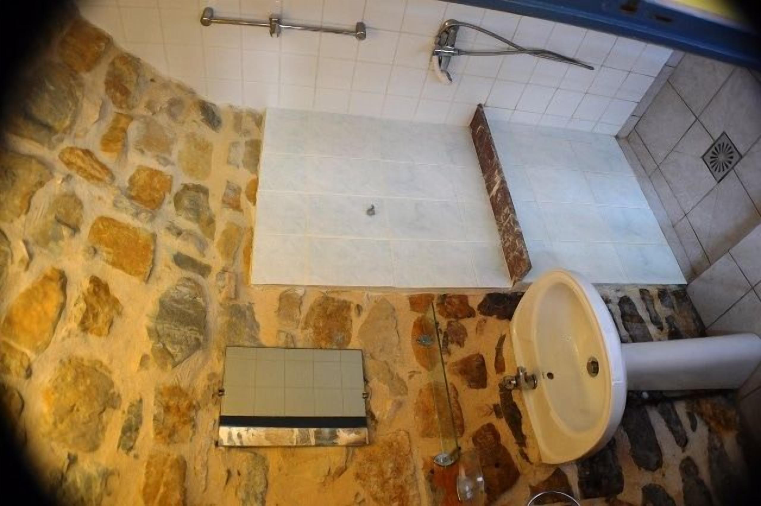 Une salle de bain avec un mur en pierre, une baignoire, un lavabo et une douche.