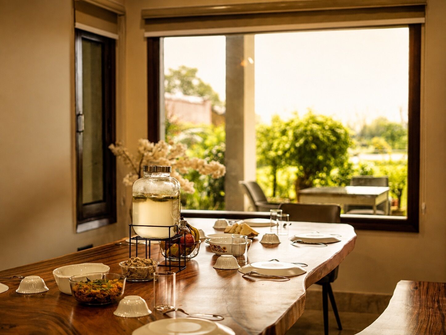 A dining table set with various dishes, a water dispenser, and a view of greenery outside.