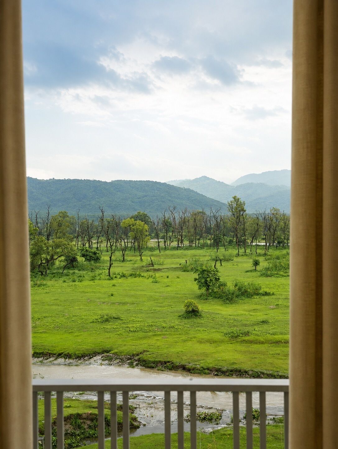 A view of a green landscape with trees and a river, seen through a window with curtains.