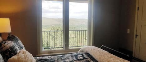 A room with a bed, a window with a view of a balcony, and a door.