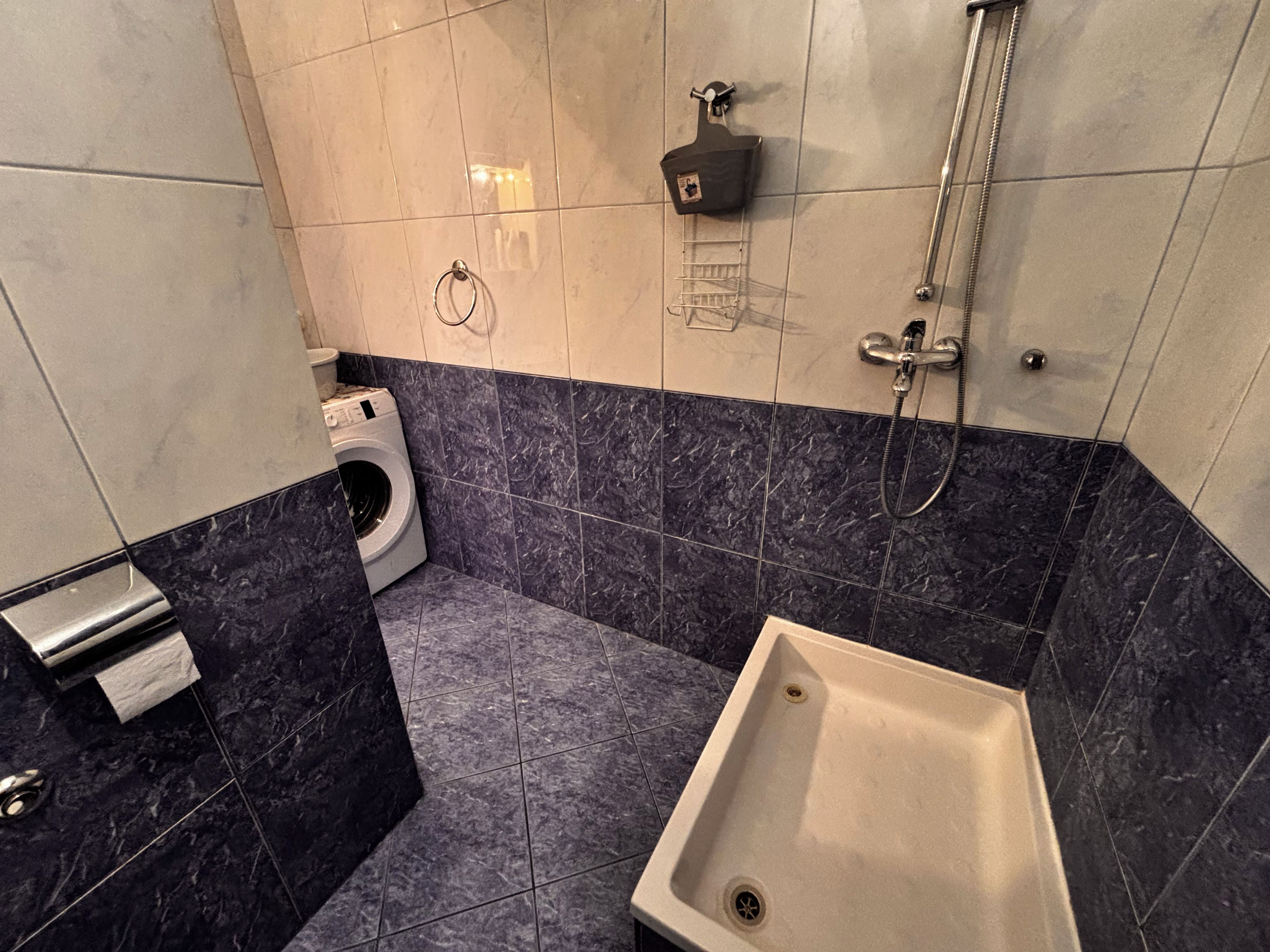Ett badrum med tvättmaskin, handfat och dusch.