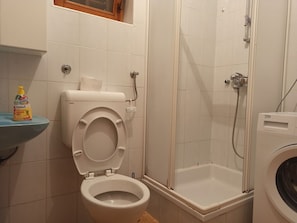 Ein Badezimmer mit Toilette, Duschkabine und Waschmaschine.