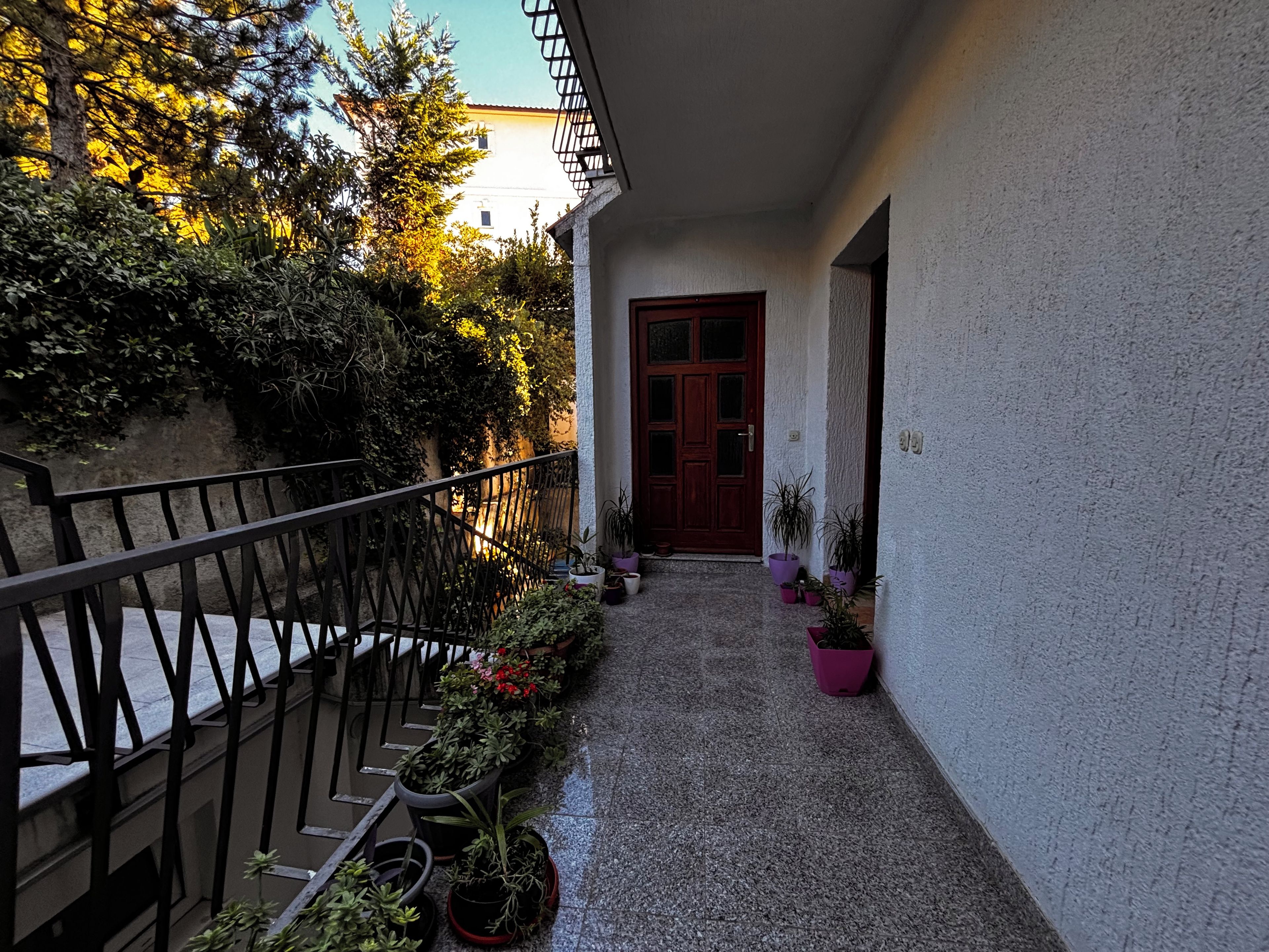 A narrow balcony with a metal railing, potted plants, and a wooden door.
