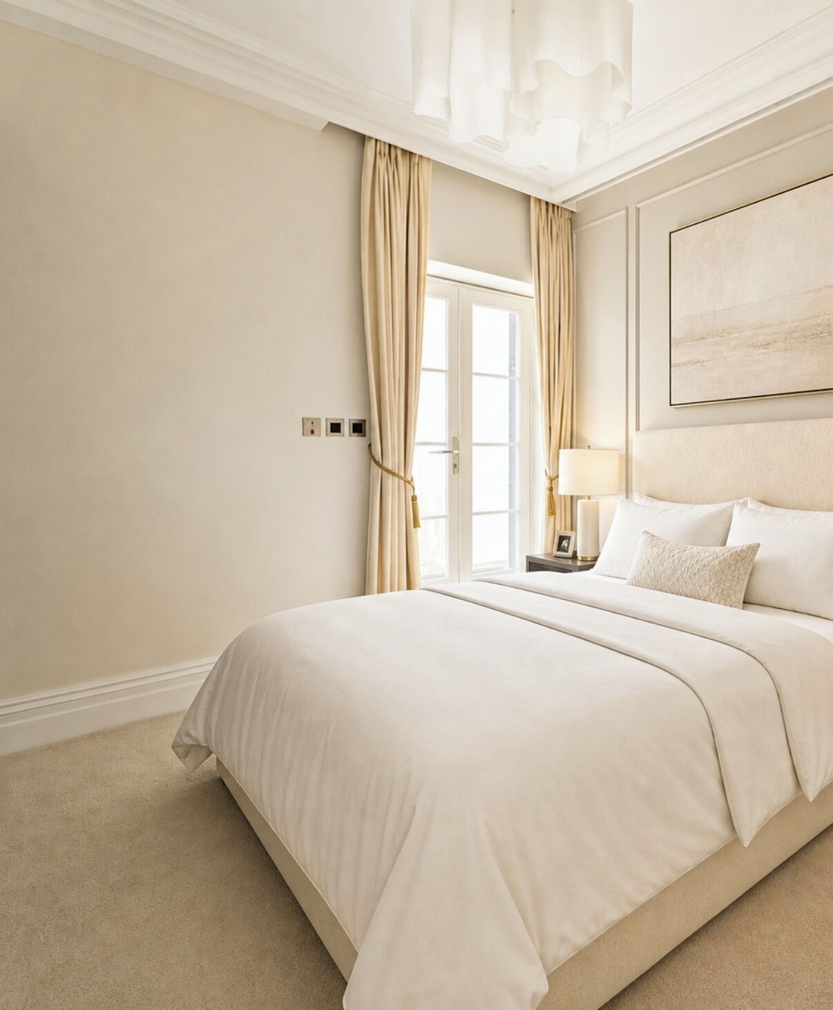 A hotel room with a large bed, a nightstand, a lamp, and a painting on the wall.