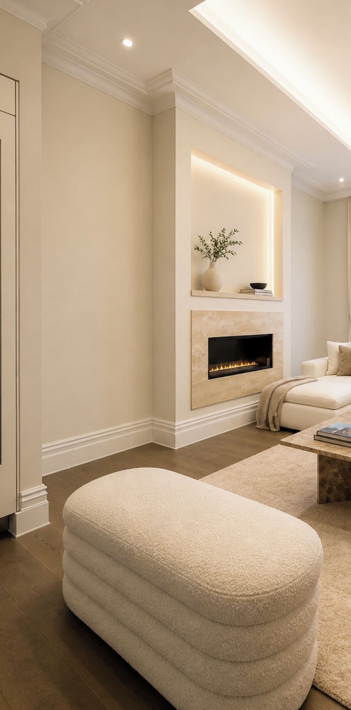 Un salon moderne avec une cheminée, un canapé et un grand pouf.