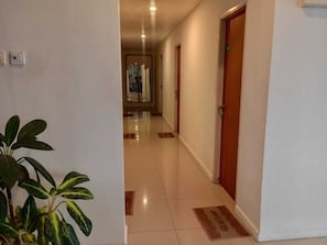 A hotel corridor with a plant, a doormat, and a door.