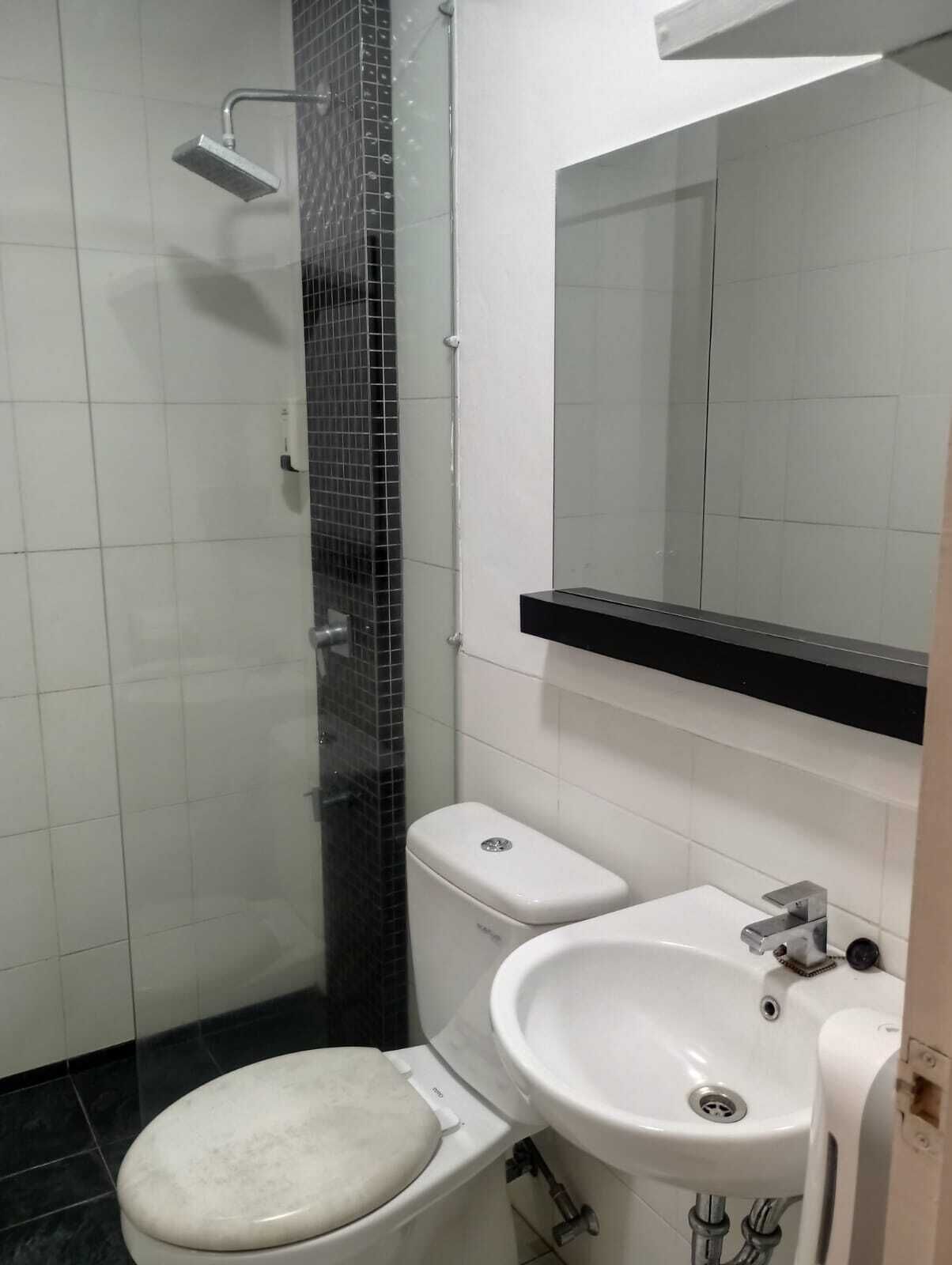 Casa de banho com sanita, lavatório, espelho e chuveiro.