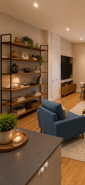 A modern living room with a blue sofa, wooden shelves with decorative items, a flat-screen TV, and a dining area with a table and chairs. - Mr Marylebone · Stylish 3BR Home · Sleeps 6 (London)