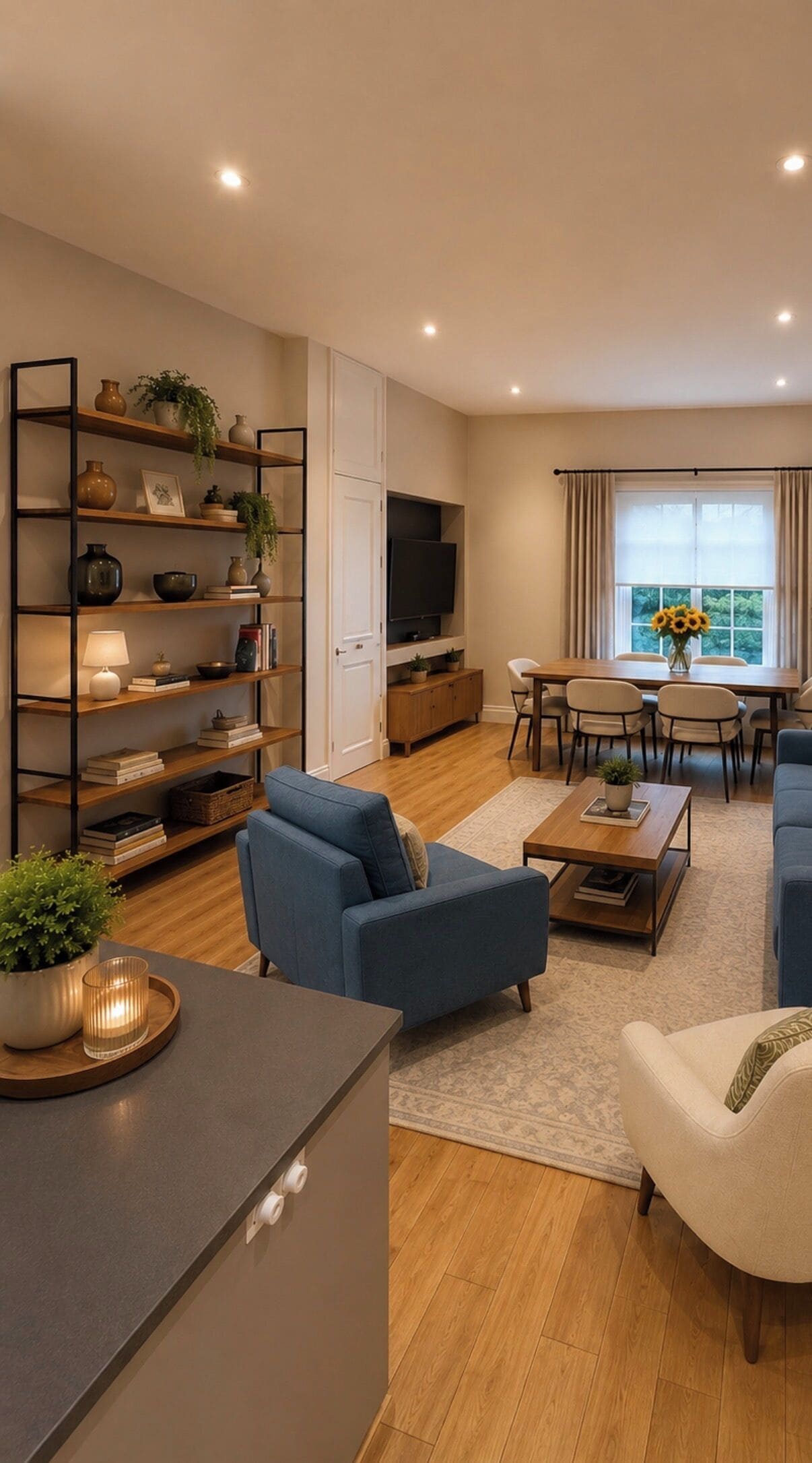 A modern living room with a sofa, coffee table, and TV. There is a dining area with a table and chairs.