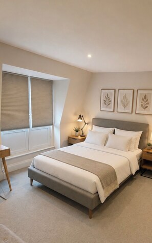 A bedroom with a bed, bedside tables, a window with blinds, and wall-mounted leaf-patterned artwork. - Mr Marylebone · Stylish 3BR Home · Sleeps 6 (London)