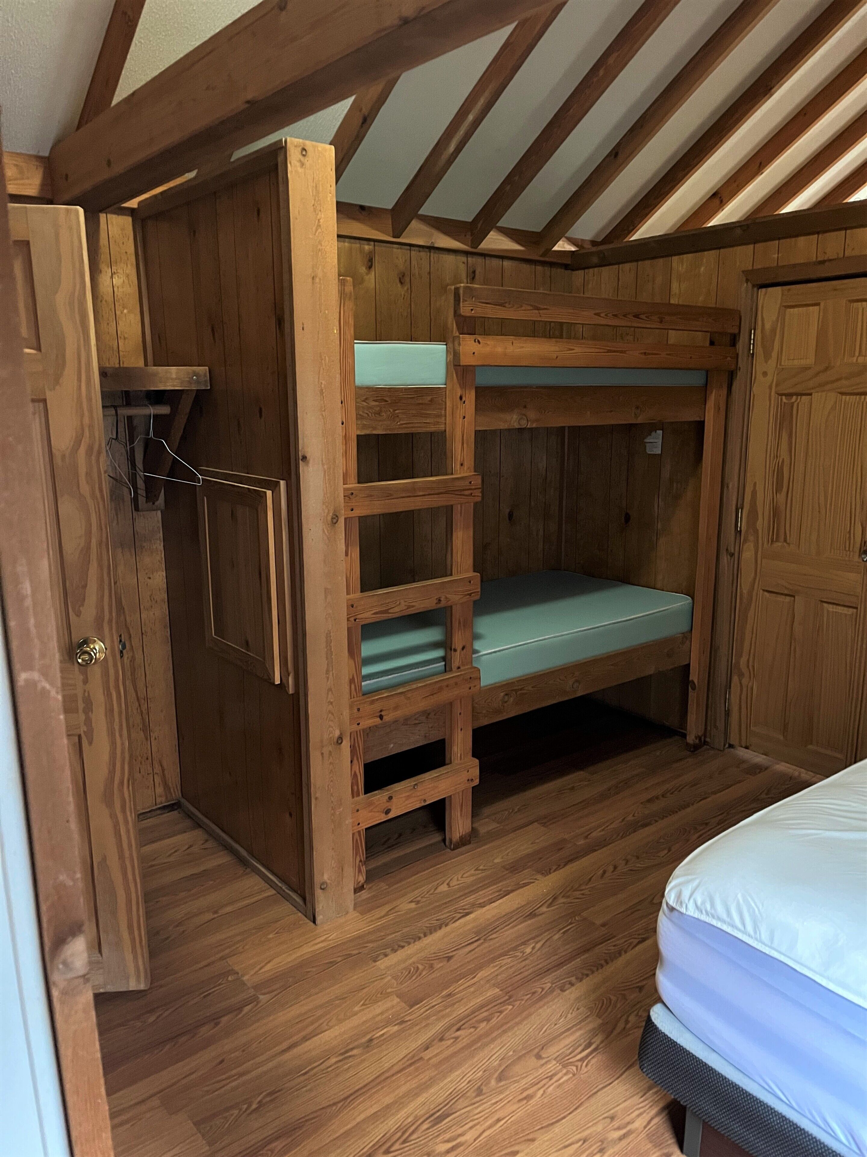 A bunk bed with a ladder, wooden walls, and a door.