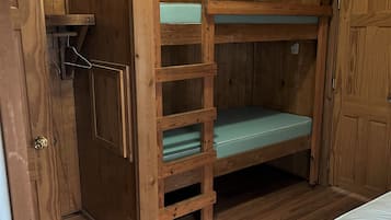 A bunk bed with a ladder, wooden walls, and a door.