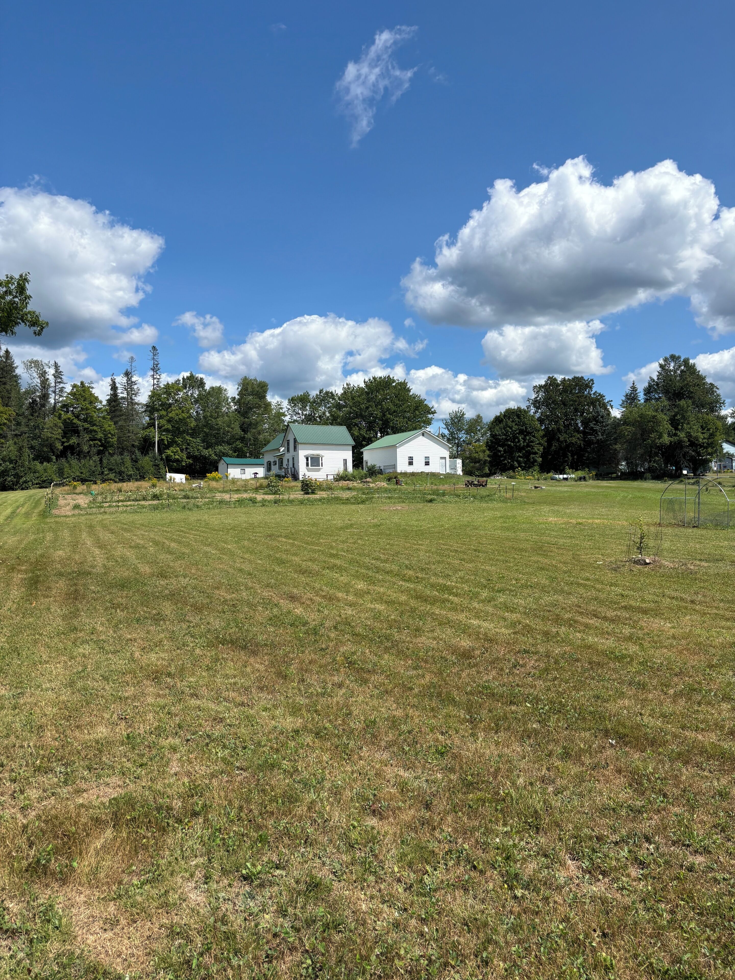 A grassy field with two white buildings, one with a green roof, surrounded by trees and a clear sky.