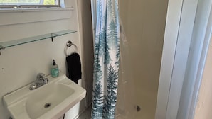 A bathroom with a window, a sink, a shower, and a blue bath mat.