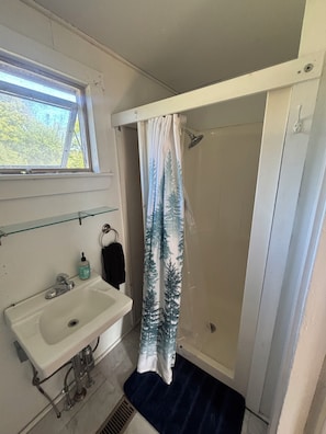 A bathroom with a window, a sink, a shower, and a blue bath mat. - Unplug at Gentle Giant Acres — Historic Maine Farmhouse on 16 Acres (Kingman)