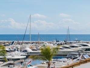 Un port de plaisance où sont amarrés de nombreux yachts, un ciel dégagé et l’océan en toile de fond.
