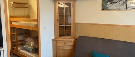 A room with a bunk bed, a cabinet with glass doors, a sofa with cushions, and a painting on the wall.