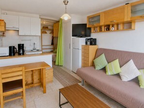 A compact living space with a kitchenette, a sofa with cushions, a wooden table, and a television. - Central studio, pets welcome - 4 guests (Saint-Michel-de-Chaillol)