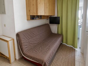 A room with a sofa, a television mounted on the wall, and a green curtain. - Central studio, pets welcome - 4 guests (Saint-Michel-de-Chaillol)