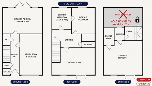 A floor plan of a hotel with a ground floor, first floor, and second floor. The ground floor includes a kitchen, dining area, family room, utility room, storage, and entrance hall. The first floor has a shared bathroom, double bedroom, landing, storage, and sitting room. The second floor features a twin bedroom, landing, shower room, stairs, and a kingsize bedroom. - Moder home in quiet location With free parking, Close link to London, Zone 6 (Epsom)