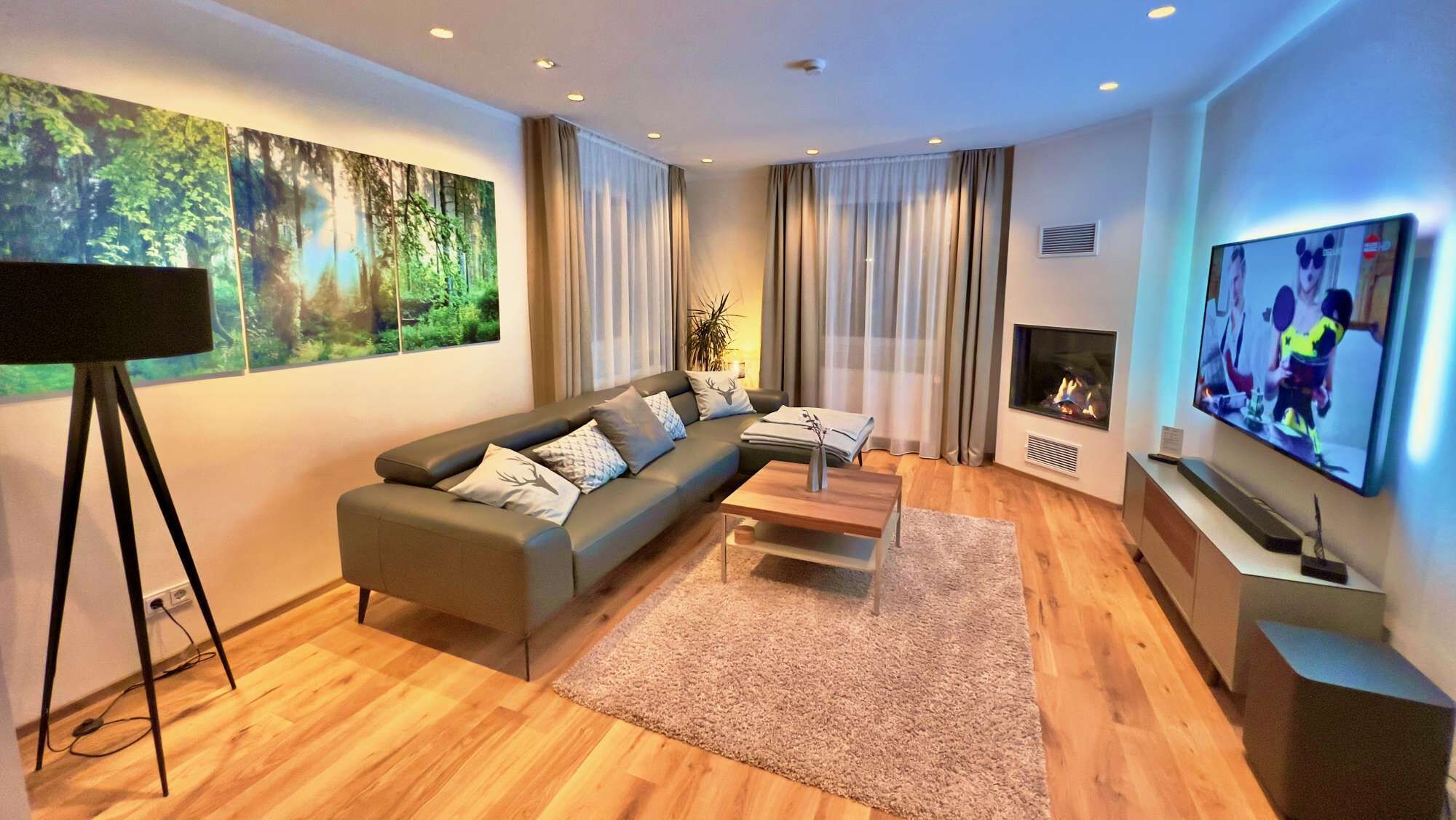 A modern living room with a sectional sofa, a flat-screen TV, a fireplace, and artwork on the walls.
