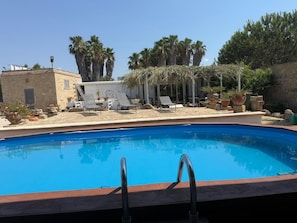 Piscina com deck de madeira e espreguiçadeiras, rodeada por plantas em vasos e palmeiras.