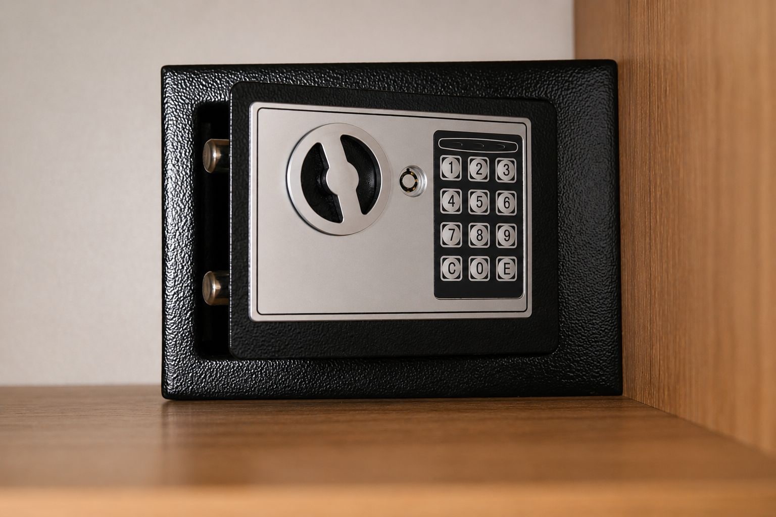 A black safe with a keypad and a circular lock mechanism.
